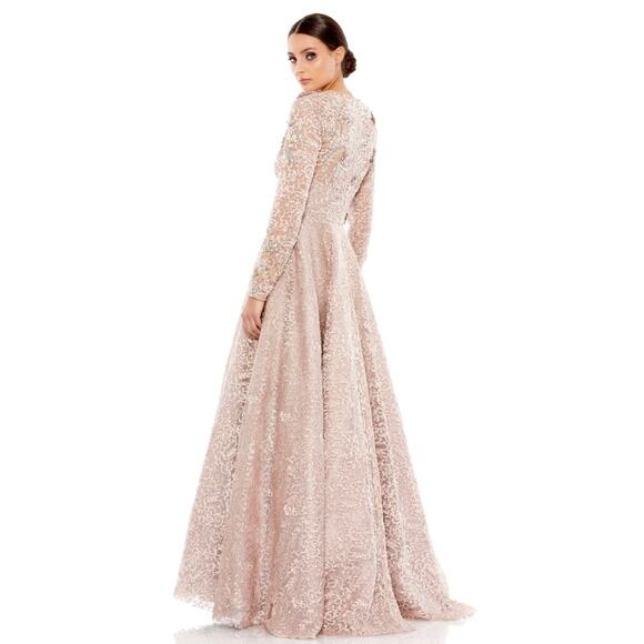 Mac Duggal 11121 Mocha Embellished Long Sleeve Illusion A-Line Gown Size 6 - Picture 2 of 10